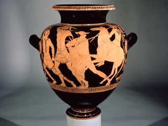 Ánfora de figuras rojas del ático que representa Amazonas y Griegos